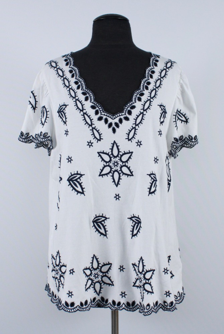 A2 SOFT SURROUNDINGS Teres Embroidered V-Neck Cotton Tee Knit Blouse Boho Sz XL